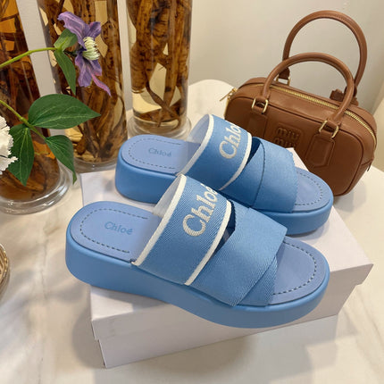 CHLOÉ WOODY WEDGE SANDALS IN CERULEAN BLUE CANVAS WITH RUBBER SOLE