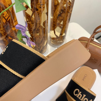 CHLOÉ WOODY WEDGE SANDALS IN BLACK CANVAS WITH CIDER BROWN RUBBER SOLE