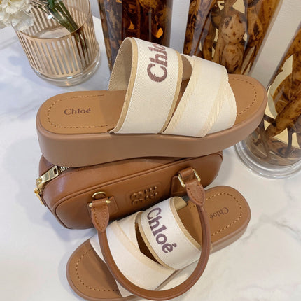 CHLOÉ WOODY WEDGE SANDALS IN WHITE CANVAS WITH CIDER BROWN RUBBER SOLE