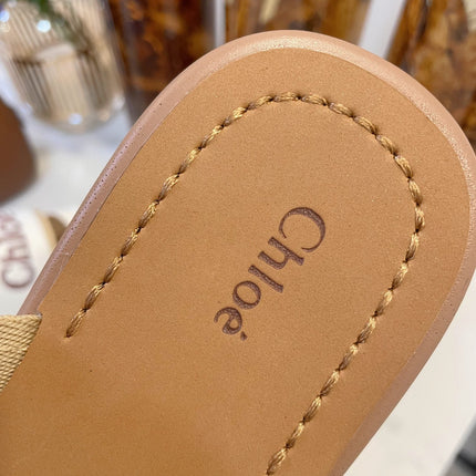 CHLOÉ WOODY WEDGE SANDALS IN WHITE CANVAS WITH CIDER BROWN RUBBER SOLE