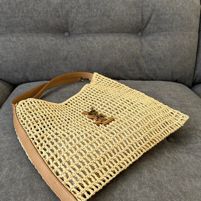 OXALIS 40  IN RAFFIA CROCHET AND LEATHER VINTAGE BROWN