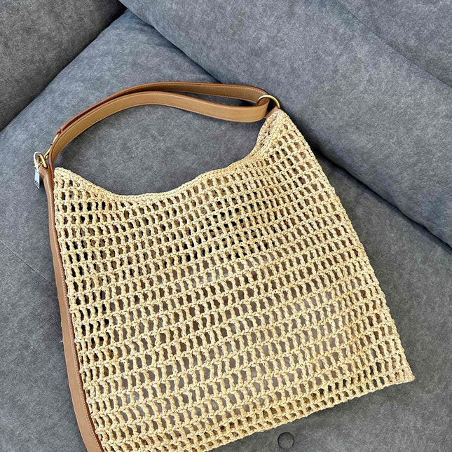 OXALIS 40  IN RAFFIA CROCHET AND LEATHER VINTAGE BROWN