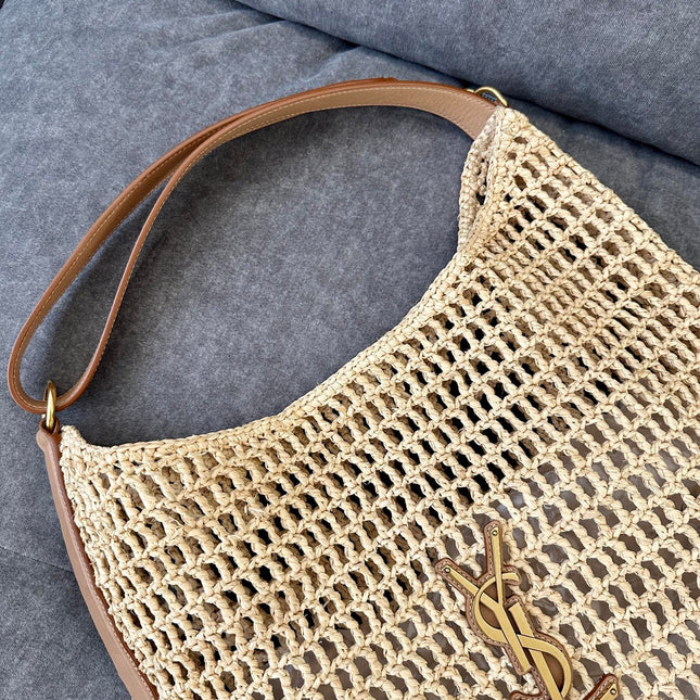 OXALIS 40  IN RAFFIA CROCHET AND LEATHER VINTAGE BROWN