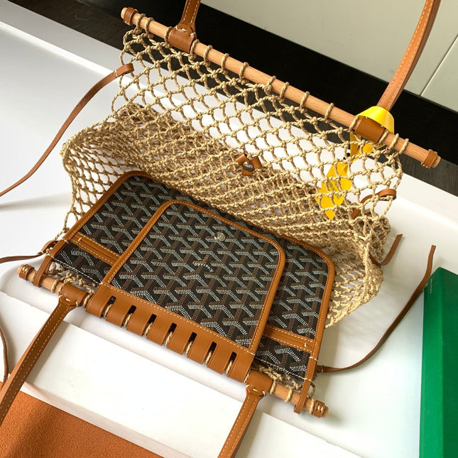 ALIGRE BAG 34 IN BROWN WOVEN RAFFIA AND CALFSKIN