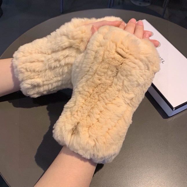FINGERLESS HALF GLOVES IN BEIGE CREAM RABBIT FUR 462277