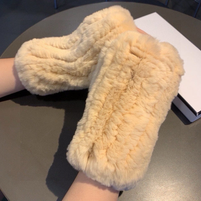 FINGERLESS HALF GLOVES IN BEIGE CREAM RABBIT FUR 462277