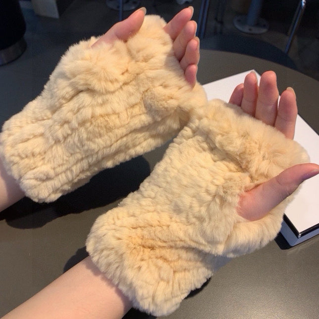 FINGERLESS HALF GLOVES IN BEIGE CREAM RABBIT FUR 462277