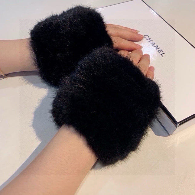 FINGERLESS HALF GLOVES IN BLACK RABBIT FUR 462278