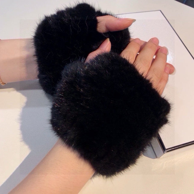 FINGERLESS HALF GLOVES IN BLACK RABBIT FUR 462278