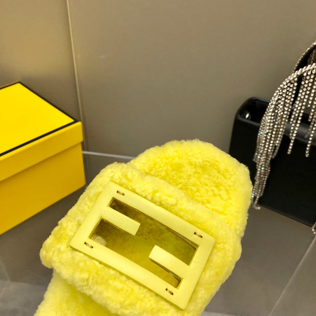 FENDI BAGUETTE SLIDE SLIPPERS IN BRIGHT YELLOW WOOL
