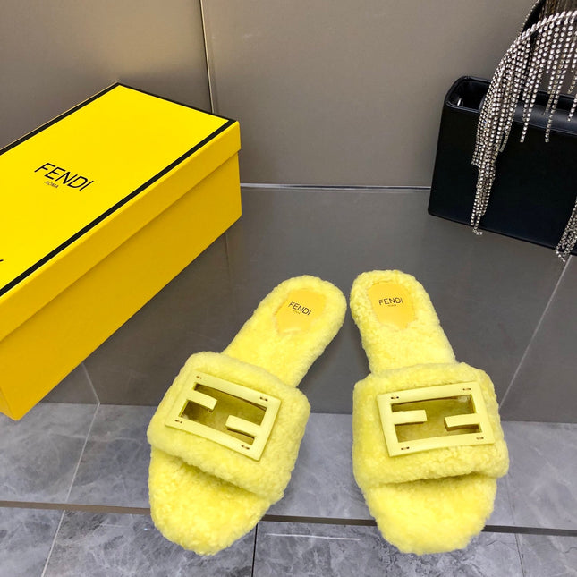 FENDI BAGUETTE SLIDE SLIPPERS IN BRIGHT YELLOW WOOL