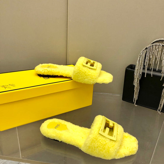 FENDI BAGUETTE SLIDE SLIPPERS IN BRIGHT YELLOW WOOL