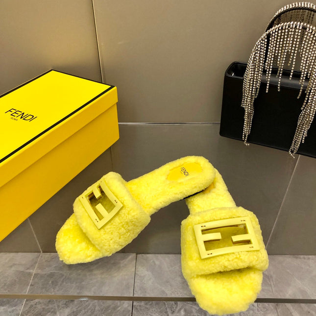 FENDI BAGUETTE SLIDE SLIPPERS IN BRIGHT YELLOW WOOL