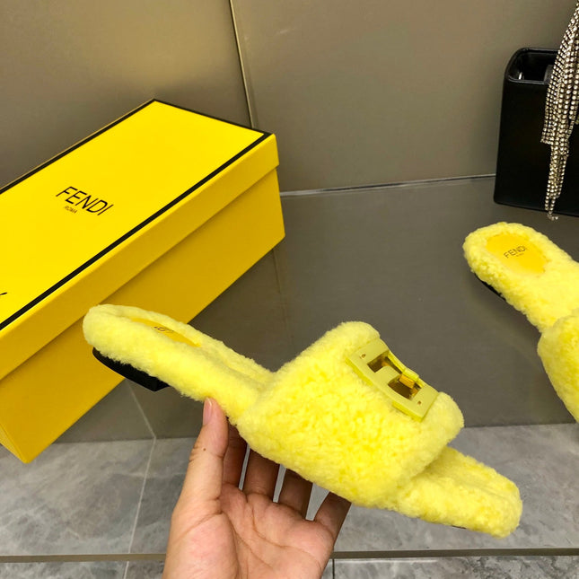 FENDI BAGUETTE SLIDE SLIPPERS IN BRIGHT YELLOW WOOL