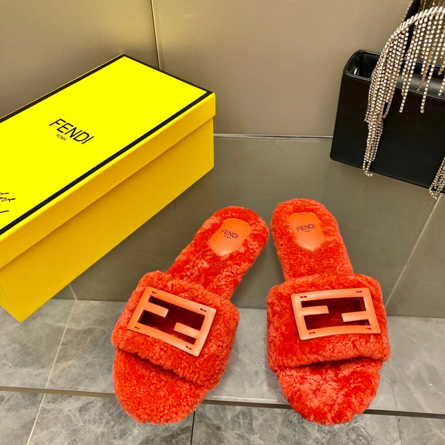 FENDI BAGUETTE SLIDE SLIPPERS IN CHERRY RED WOOL