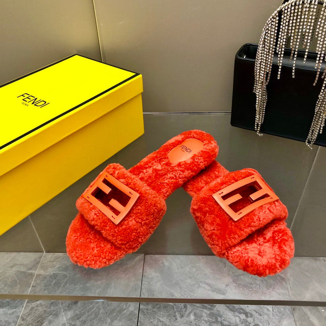 FENDI BAGUETTE SLIDE SLIPPERS IN CHERRY RED WOOL
