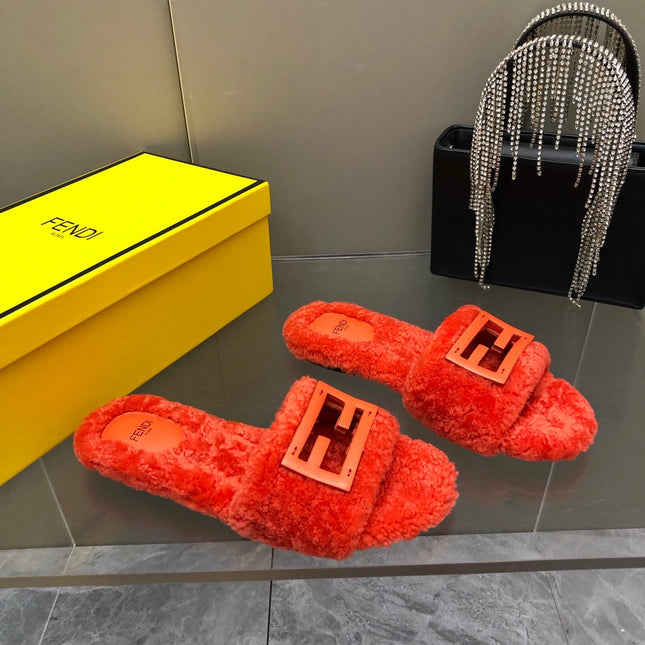 FENDI BAGUETTE SLIDE SLIPPERS IN CHERRY RED WOOL