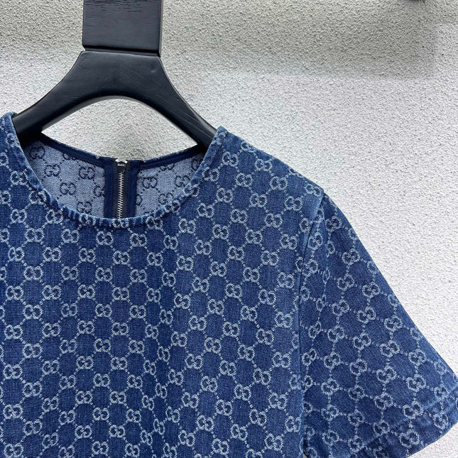 GG Blue Monogram Crystal Embellished Mini Dress