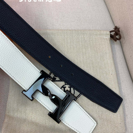 HM H BELT BUCKLE & REVERSIBLE BLACK AND WHITE LEATHER STRAP 38MM BLACK HARDWARE