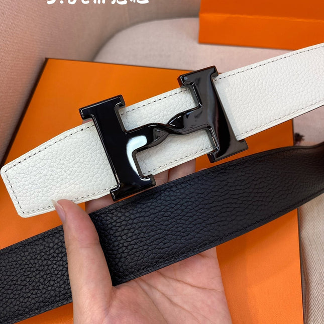 HM H BELT BUCKLE & REVERSIBLE BLACK AND WHITE LEATHER STRAP 38MM BLACK HARDWARE
