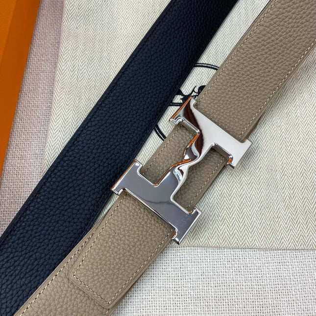 HM H BELT BUCKLE & REVERSIBLE CAMEL BROWN LEATHER STRAP 38MM SILVER HARDWARE