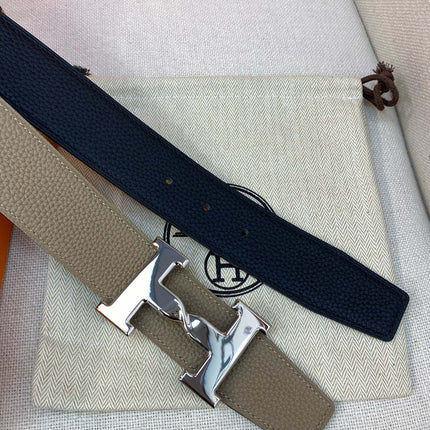 HM H BELT BUCKLE & REVERSIBLE CAMEL BROWN LEATHER STRAP 38MM SILVER HARDWARE