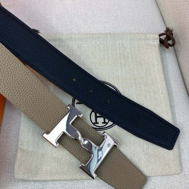 HM H BELT BUCKLE & REVERSIBLE CAMEL BROWN LEATHER STRAP 38MM SILVER HARDWARE