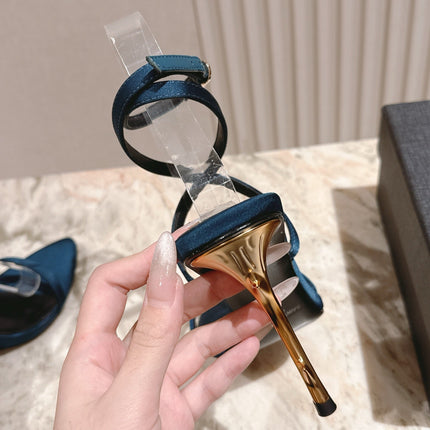 YSL 25S STRAPPY HIGH-HEEL SANDALS 100 MM IN MIDNIGHT BLUE SATIN