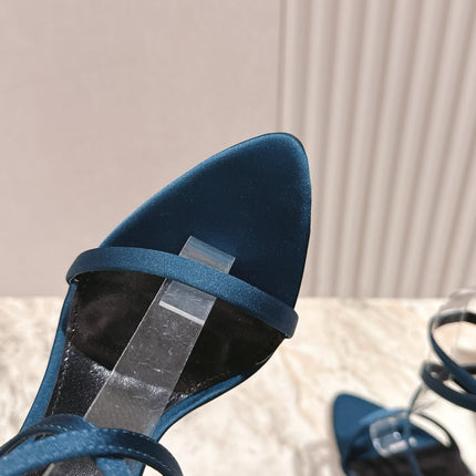 YSL 25S STRAPPY HIGH-HEEL SANDALS 100 MM IN MIDNIGHT BLUE SATIN