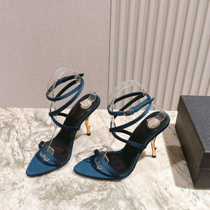YSL 25S STRAPPY HIGH-HEEL SANDALS 100 MM IN MIDNIGHT BLUE SATIN