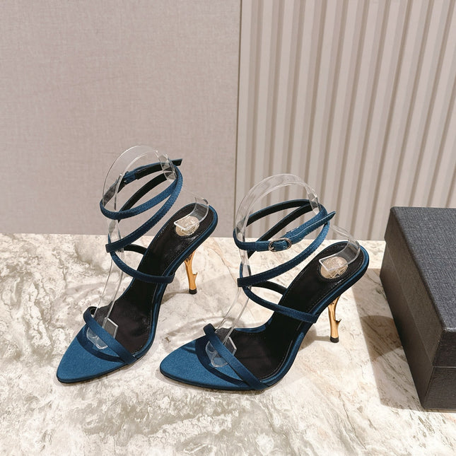 YSL 25S STRAPPY HIGH-HEEL SANDALS 100 MM IN MIDNIGHT BLUE SATIN