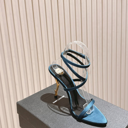 YSL 25S STRAPPY HIGH-HEEL SANDALS 100 MM IN MIDNIGHT BLUE SATIN