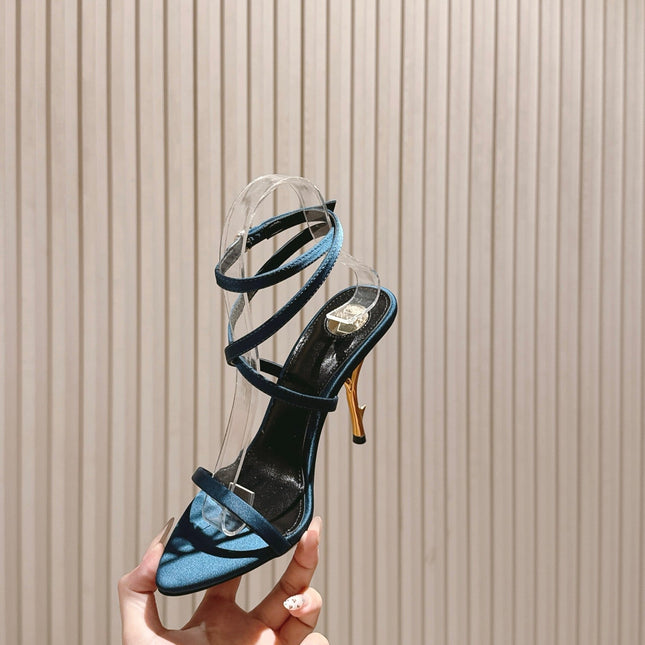 YSL 25S STRAPPY HIGH-HEEL SANDALS 100 MM IN MIDNIGHT BLUE SATIN