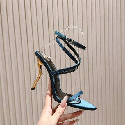 YSL 25S STRAPPY HIGH-HEEL SANDALS 100 MM IN MIDNIGHT BLUE SATIN