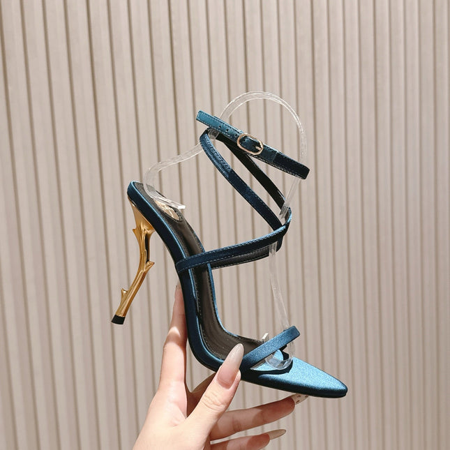 YSL 25S STRAPPY HIGH-HEEL SANDALS 100 MM IN MIDNIGHT BLUE SATIN