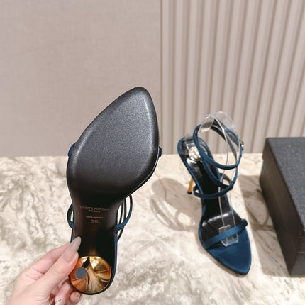 YSL 25S STRAPPY HIGH-HEEL SANDALS 100 MM IN MIDNIGHT BLUE SATIN