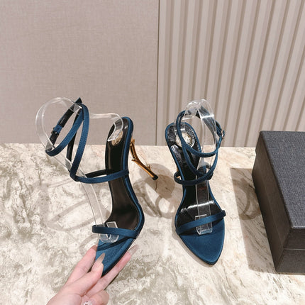YSL 25S STRAPPY HIGH-HEEL SANDALS 100 MM IN MIDNIGHT BLUE SATIN