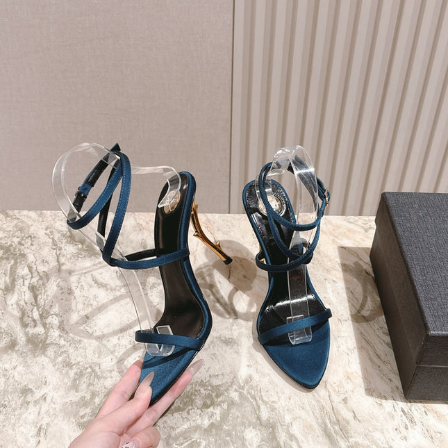 YSL 25S STRAPPY HIGH-HEEL SANDALS 100 MM IN MIDNIGHT BLUE SATIN