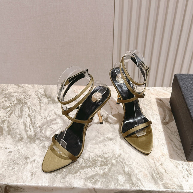 YSL 25S STRAPPY HIGH-HEEL SANDALS 100 MM IN OLIVE GREEN LAMBSKIN