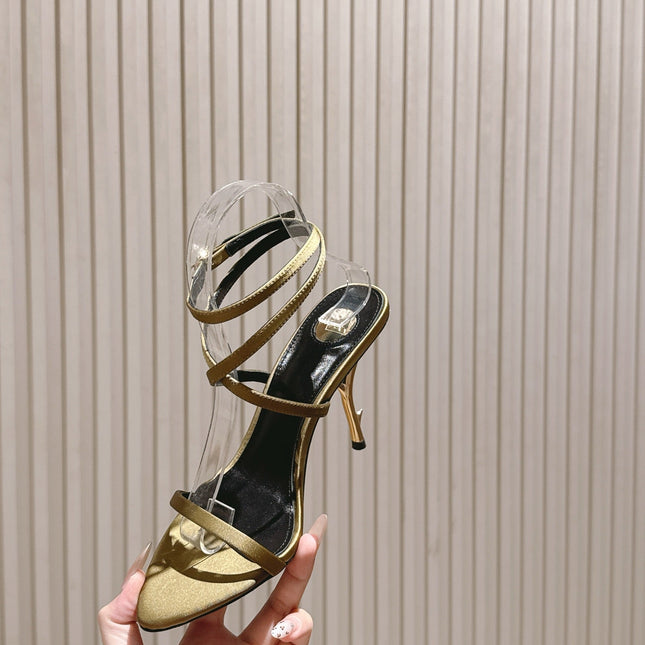 YSL 25S STRAPPY HIGH-HEEL SANDALS 100 MM IN OLIVE GREEN LAMBSKIN