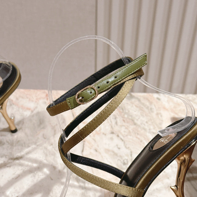 YSL 25S STRAPPY HIGH-HEEL SANDALS 100 MM IN OLIVE GREEN LAMBSKIN
