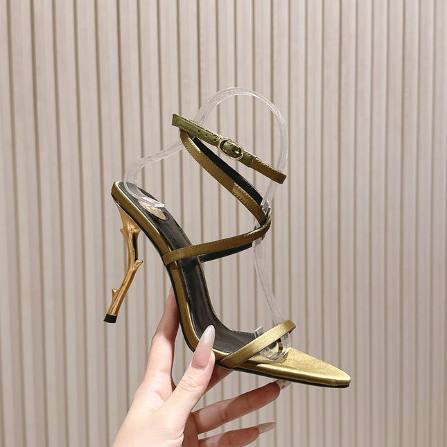 YSL 25S STRAPPY HIGH-HEEL SANDALS 100 MM IN OLIVE GREEN LAMBSKIN