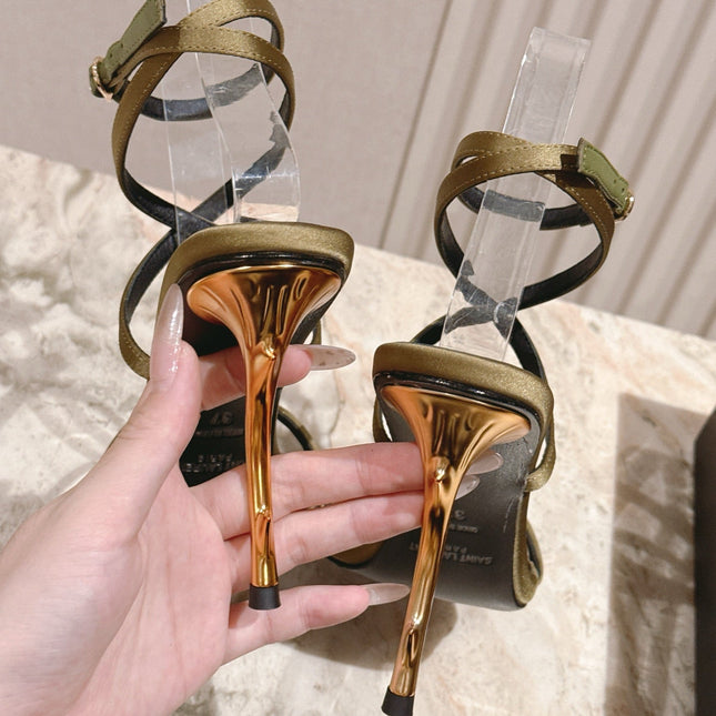 YSL 25S STRAPPY HIGH-HEEL SANDALS 100 MM IN OLIVE GREEN LAMBSKIN