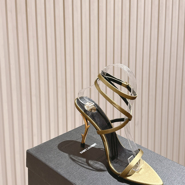 YSL 25S STRAPPY HIGH-HEEL SANDALS 100 MM IN OLIVE GREEN LAMBSKIN