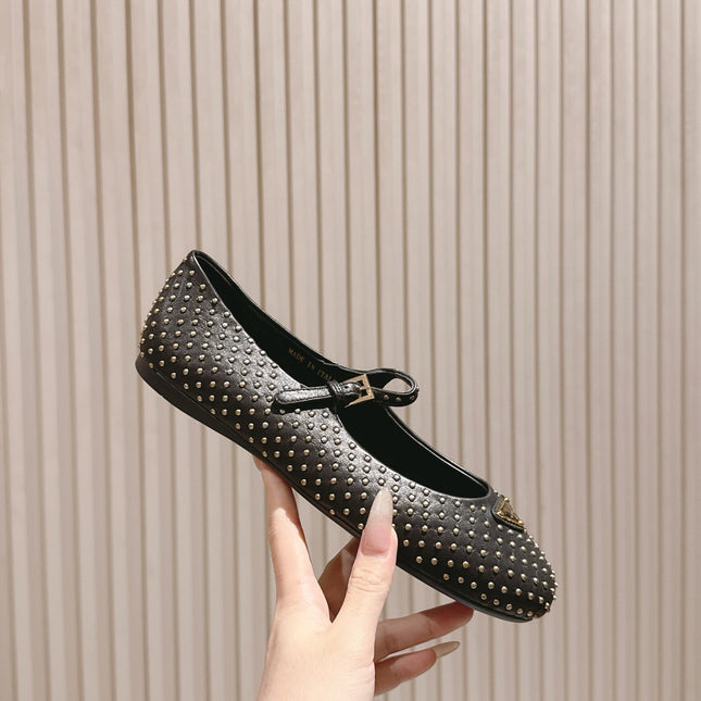 PRADA 25S STUD EMBELLISHED BALLERINA IN BLACK CALFSKIN