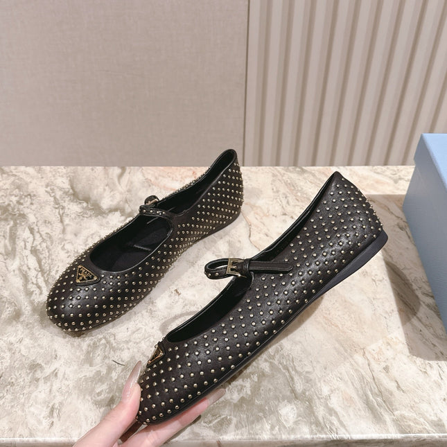 PRADA 25S STUD EMBELLISHED BALLERINA IN BLACK CALFSKIN