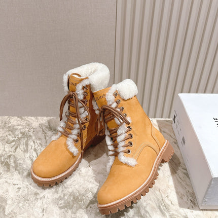 CELINE 25S KURT LACE UP MID BOOT IN MEDIUM ORANGE SUEDE AND SHEARLING
