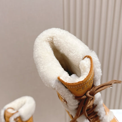 CELINE 25S KURT LACE UP MID BOOT IN MEDIUM ORANGE SUEDE AND SHEARLING