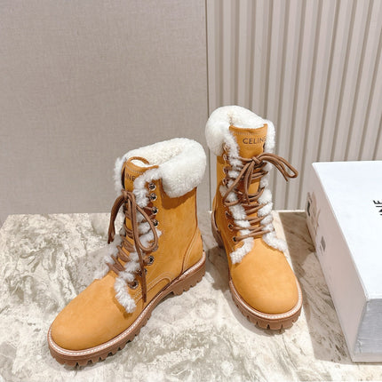 CELINE 25S KURT LACE UP MID BOOT IN MEDIUM ORANGE SUEDE AND SHEARLING