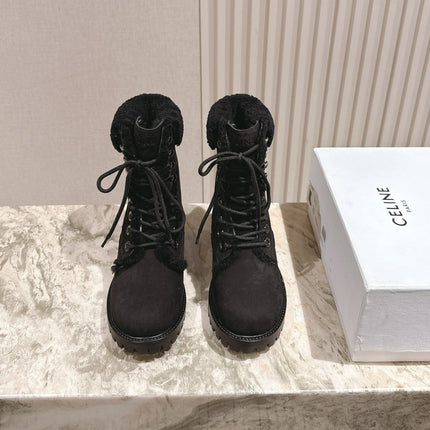 CELINE 25S KURT LACE UP MID BOOT IN BLACK FULL SUEDE AND SHEARLING